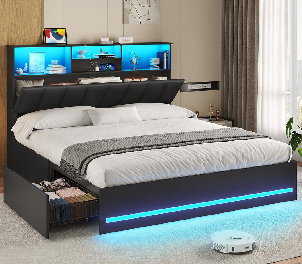 VIAGDO Full Size Bed Frame with Bookcase Headboard, Wooden Bed Frame Full Size with Charging Station, 4 Storage Drawers and LED Lights, with Type-C and USB, No Box Spring Needed, Black