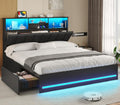 VIAGDO Full Size Bed Frame with Bookcase Headboard, Wooden Bed Frame Full Size with Charging Station, 4 Storage Drawers and LED Lights, with Type-C and USB, No Box Spring Needed, Black