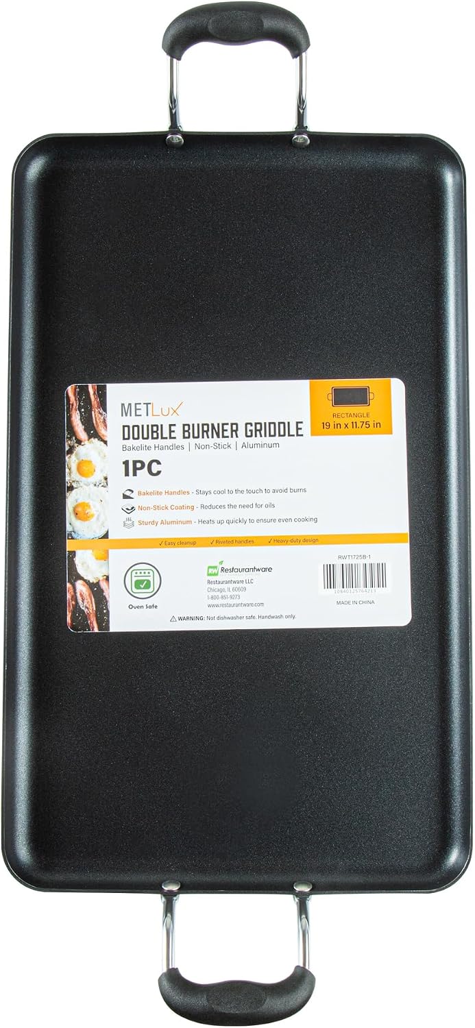 Restaurantware-Met Lux 19 x 11.7 Inch Double Burner Griddles, 10 No-Stick Flat Top Grills - Cool Touch Handles, Compatible With Gas And Electric, Aluminum Griddle Pans, Even-Heating, For Eggs