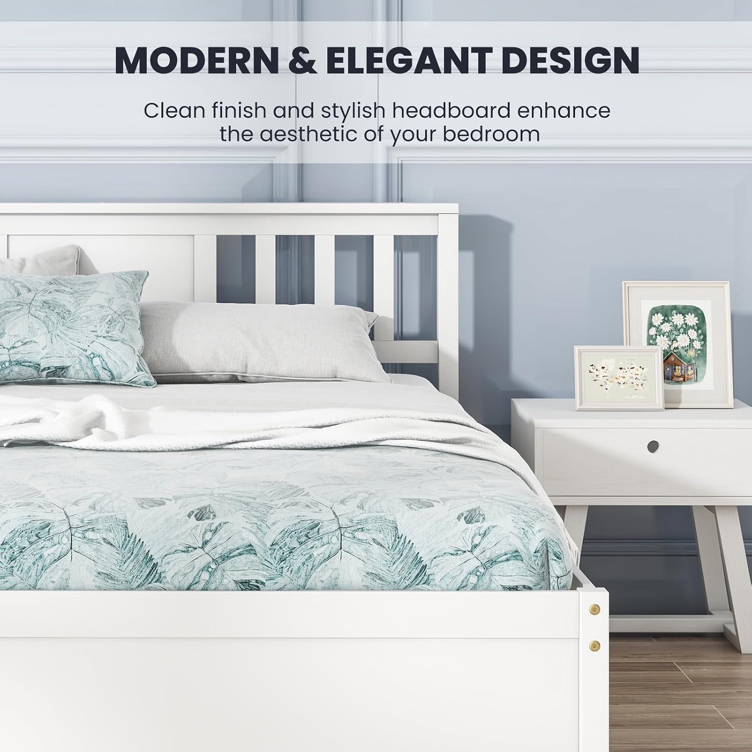 Giantex Full Size Solid Wood Platform Bed Frame, Mid Century Full Bed Frame with Headboard, Wood Slat Support, Double Panel Bed, No Box Spring Needed, Easy Assembly, White
