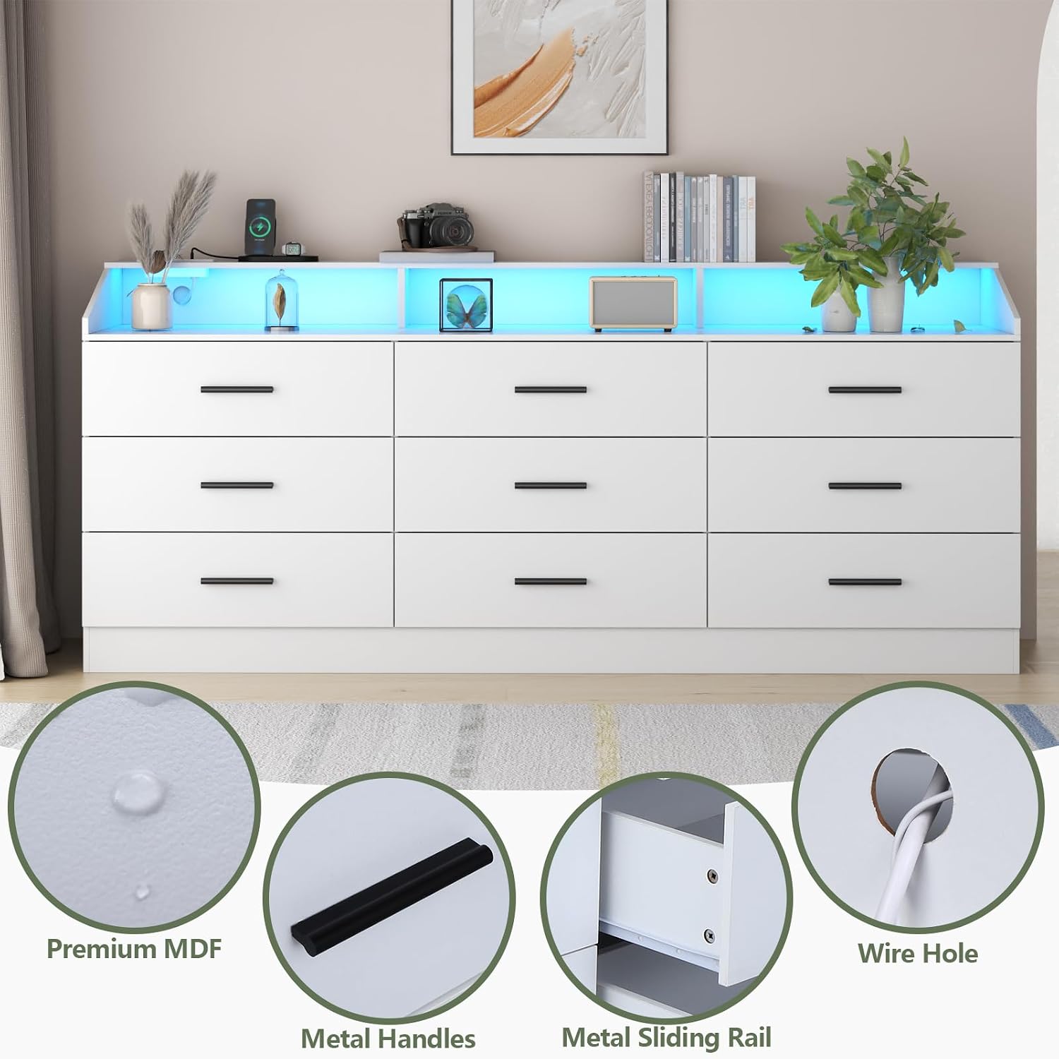 Gyfimoie 9 Drawers Dresser for Bedroom with Power Outlet, Chest of Drawers with LED Light, Modern Dressers with Open Storage Cubby, Triple Wide Dressers Organizer for Living Room (White)