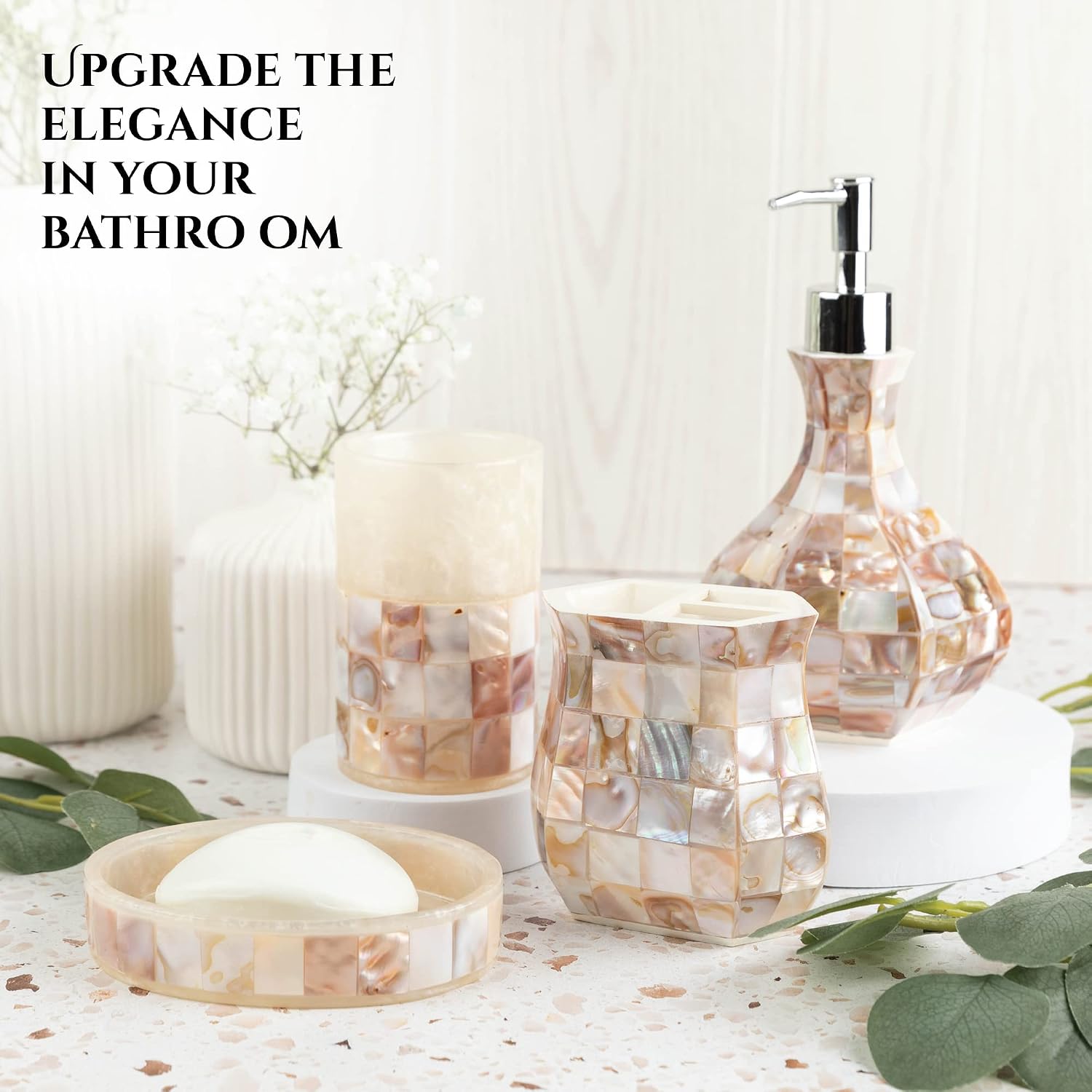 Milano 6 Piece Bathroom Accessory Set with Natural Mother of Pearl Shells - Includes: Bathroom Trash Can, Tissue Cover, Soap Dispenser, Toothbrush Holder, Tumbler and Soap Dish