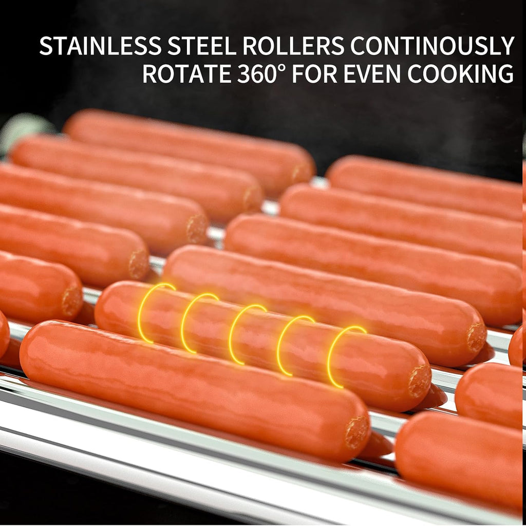 Hot Dog Roller, 18 Hot Dog 7 Rollers, Stainless Steel Hot Dog Cooker, 1050W Commercial Hot Dog Machine with Dual Temp Control, Cover, Removable Shelf & Oil Drip Tray(7 Rollers+Cover)