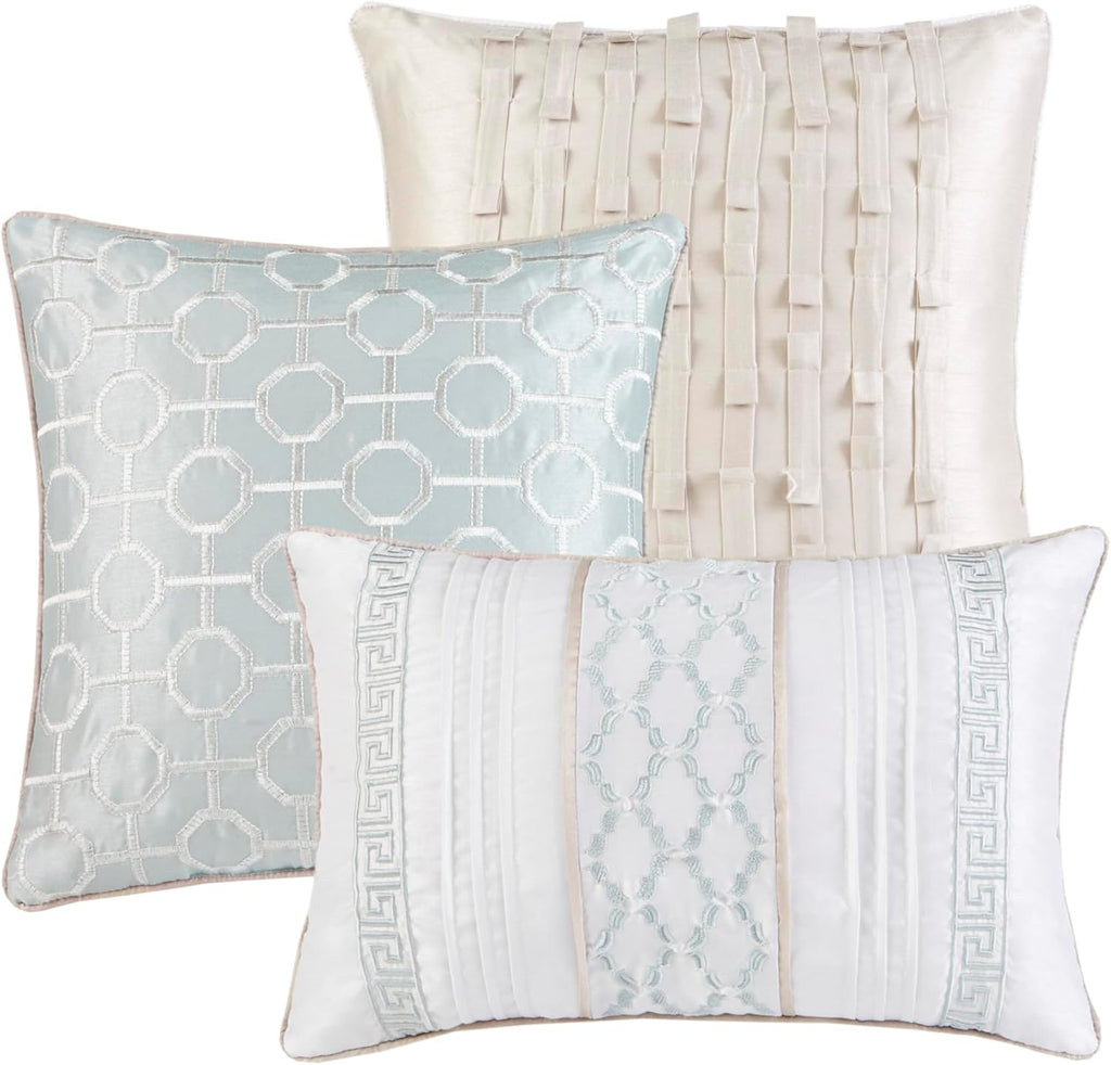 Madison Park Luxury Comforter Set-Traditional Jacquard Design All Season Down Alternative Bedding, Matching Bedskirt, Decorative Pillows, King(104'x92'), Bennett, Geometric Aqua 7 Piece