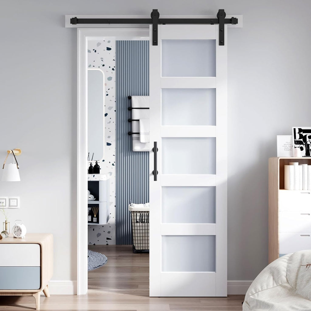 24x84 Inch Glass Sliding Barn Door Slab and 4ft Hardware Kit Included, 5 Frosted Glass, LVL Wood Panel Covered with White Water-Proof Scratch-Proof PVC Surface, Simple DIY Assembly