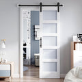 24x84 Inch Glass Sliding Barn Door Slab and 4ft Hardware Kit Included, 5 Frosted Glass, LVL Wood Panel Covered with White Water-Proof Scratch-Proof PVC Surface, Simple DIY Assembly