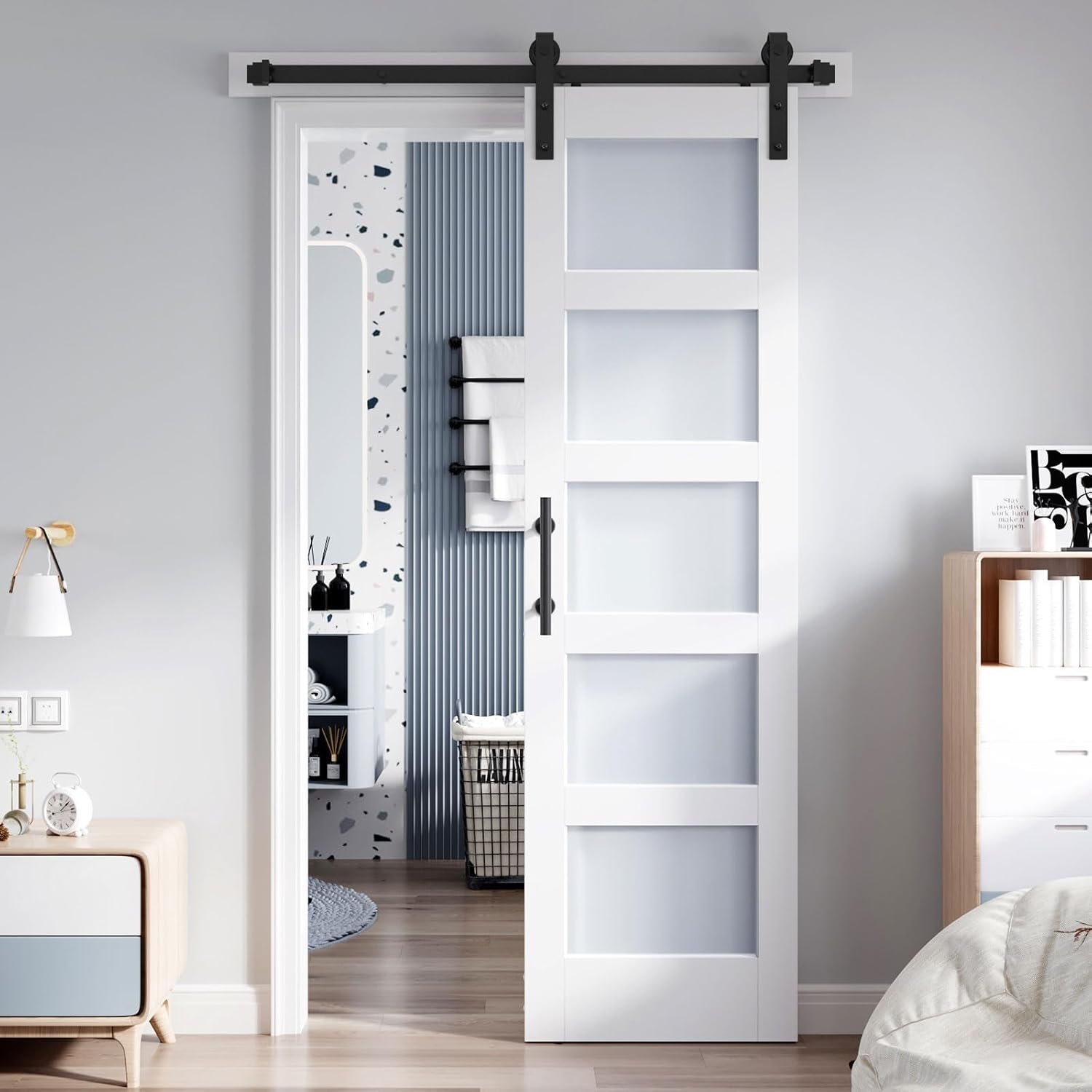 24x84 Inch Glass Sliding Barn Door Slab and 4ft Hardware Kit Included, 5 Frosted Glass, LVL Wood Panel Covered with White Water-Proof Scratch-Proof PVC Surface, Simple DIY Assembly