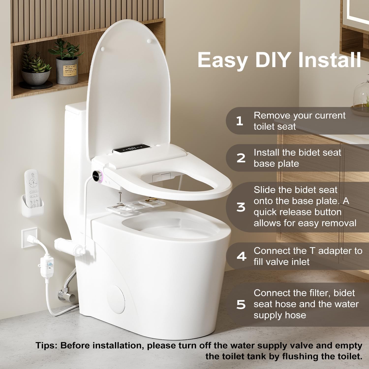 Bidet Toilet Seat with Instant Warm Water Wash, Electric Heated Toilet Seat with Soft Closed Lid,Multiple Cleaning Modes,Warm Air Dryer,Soft Closed Lid, Saved User Settings,Easy Installation (White)