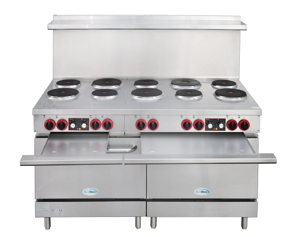 KoolMore 60 in. Commercial Electric Range with 10 Burners and 2 Standard Electric Ovens in Stainless Steel - 208V 3-Phase, CSA Listed (KM-CR60-E)