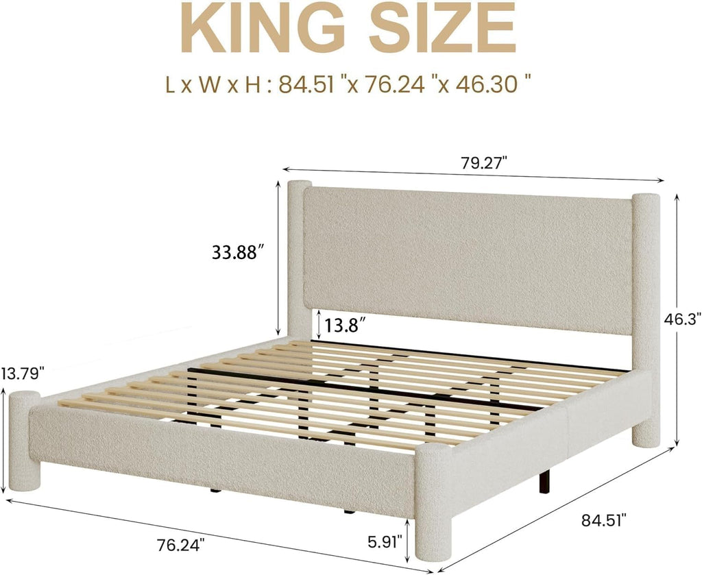REVOMINCA King Size Bed Frame, Boucle Bed Frame with Headborad, Soft Upholstered Platform Bed Frame with Rounded Corners, No Box Spring Required, Easy Assembly, Cream
