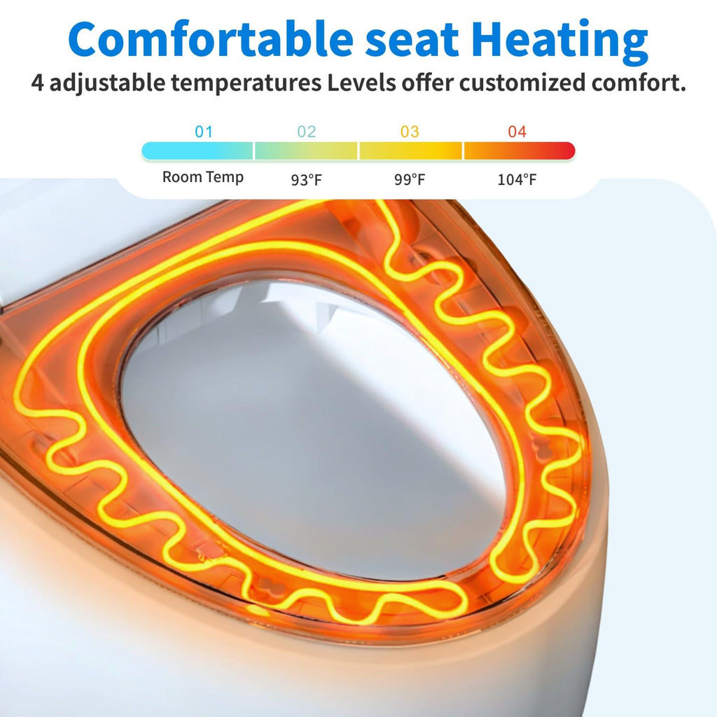 Smart Toilet with Powerful Flush, Auto Open/Close Lid, Foot Sensor,One Piece Toilet with Elongated Heated Seat,Foam Shield,Soft Close, Tankless Toilet with Fahrenheit Temp Display, Night Light.