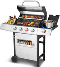 4-in-1 Propane & Charcoal Grill Combo, 4-Burner Gas Griddle with Side Burner, Cast Iron Grates, Outdoor BBQ for Patio & Backyard
