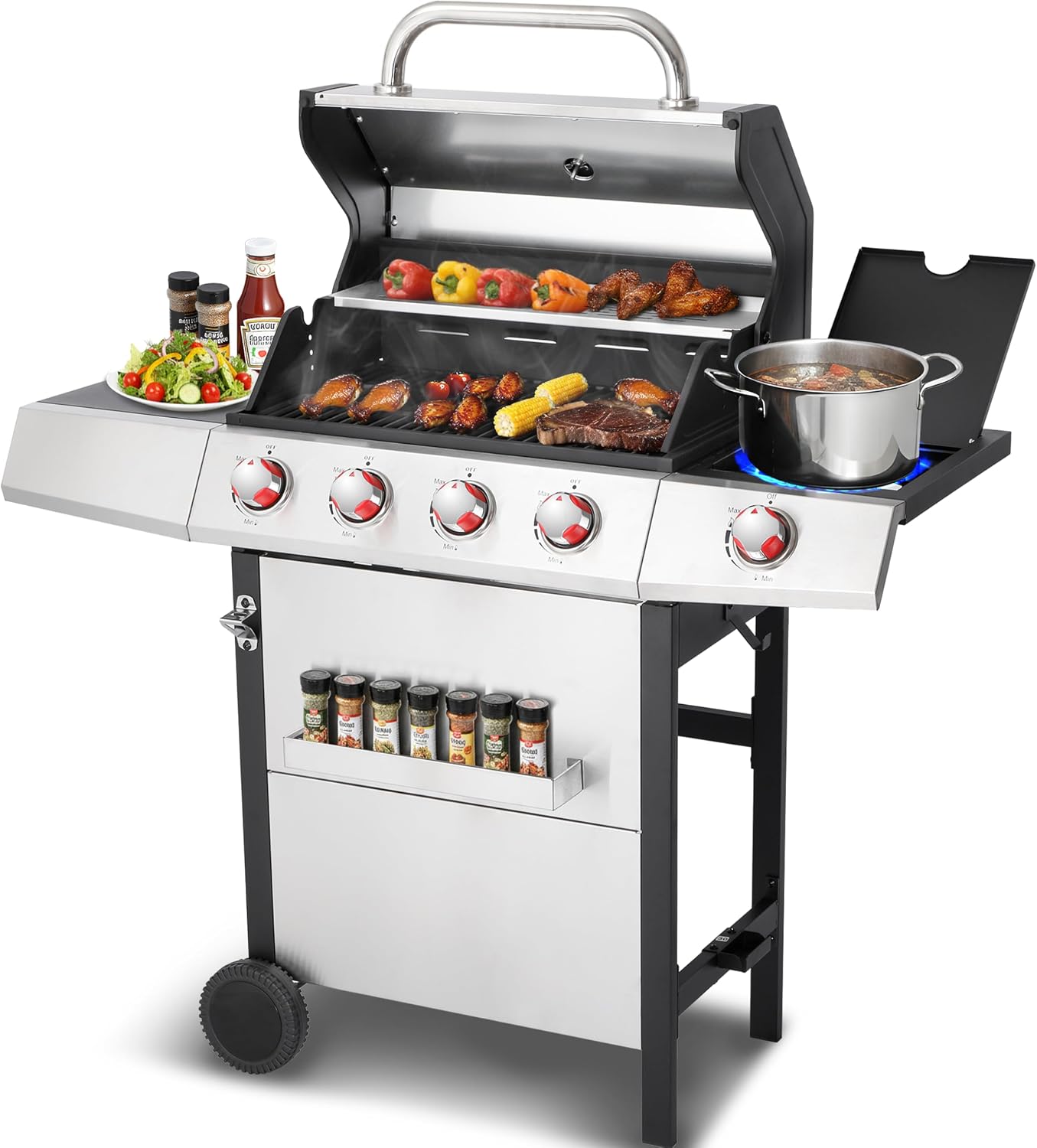 4-in-1 Propane & Charcoal Grill Combo, 4-Burner Gas Griddle with Side Burner, Cast Iron Grates, Outdoor BBQ for Patio & Backyard