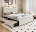 Queen Size Bed Frame with 4 Drawers and Storage Headboard, Upholstered Button Tufted Platform Bed Queen with Led Lights and Charging Station, No Box Spring Needed, Easy Assembly, Noise Free, Beige