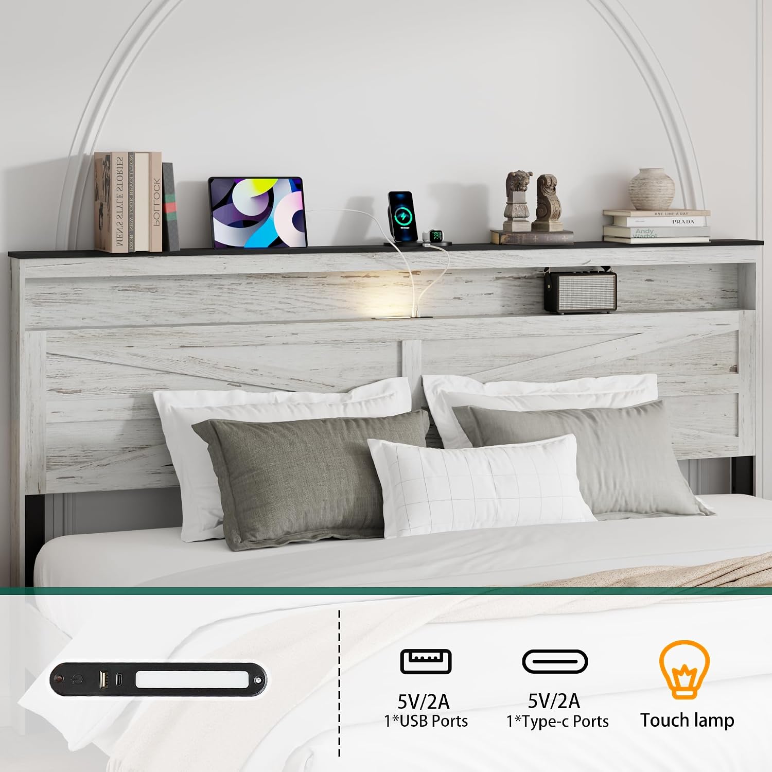 King Size Bed Frame with Headboard, Rustic Farmhouse Wood Bed Frame with LED Lights and Charging Station, Easy Assembly, No Box Spring Needed (White, King)