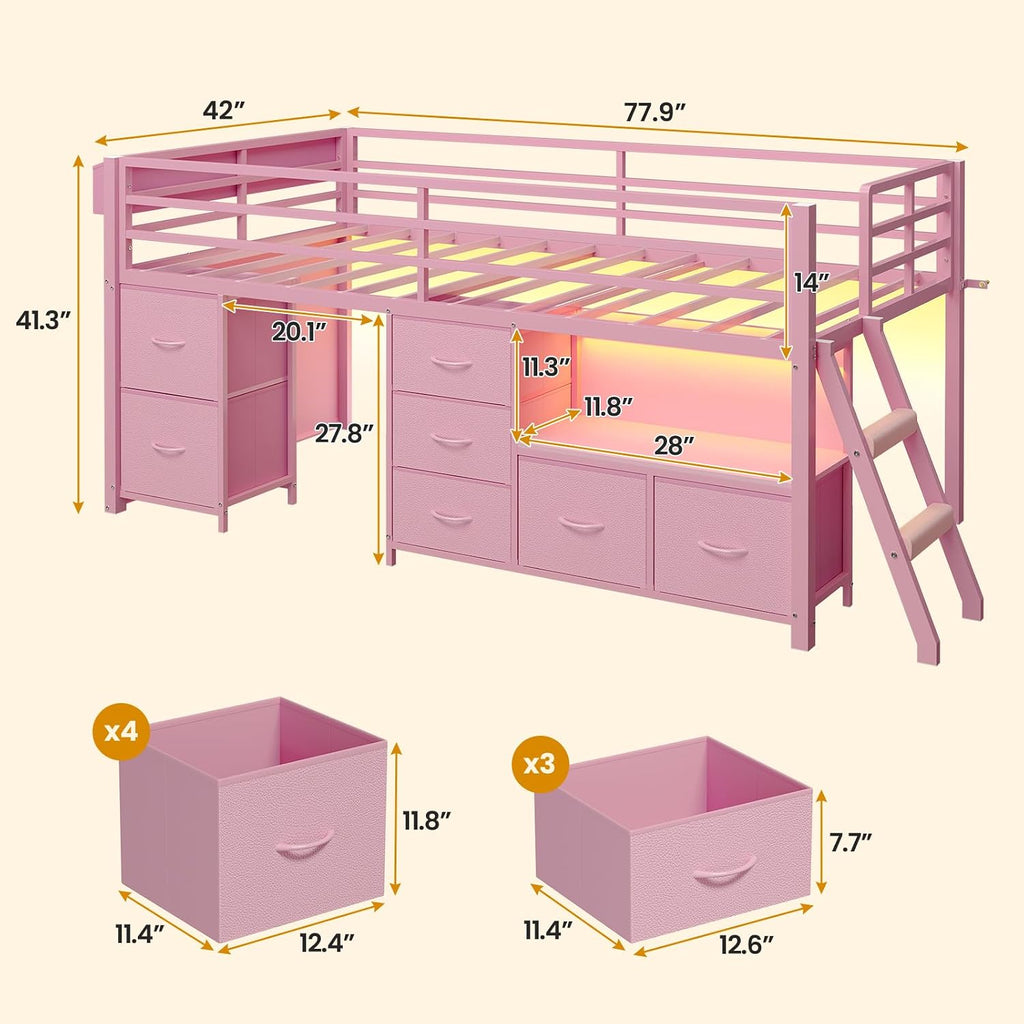 ADORNEVE Low Loft Bed Twin Size with 7 Storage Drawers, Bookcase and LED Lights, Metal Kids Loft Bed with 14' H Safety Guardrail,Inclined Ladder and Play Curtain, Under-Bed Play Space,Pink