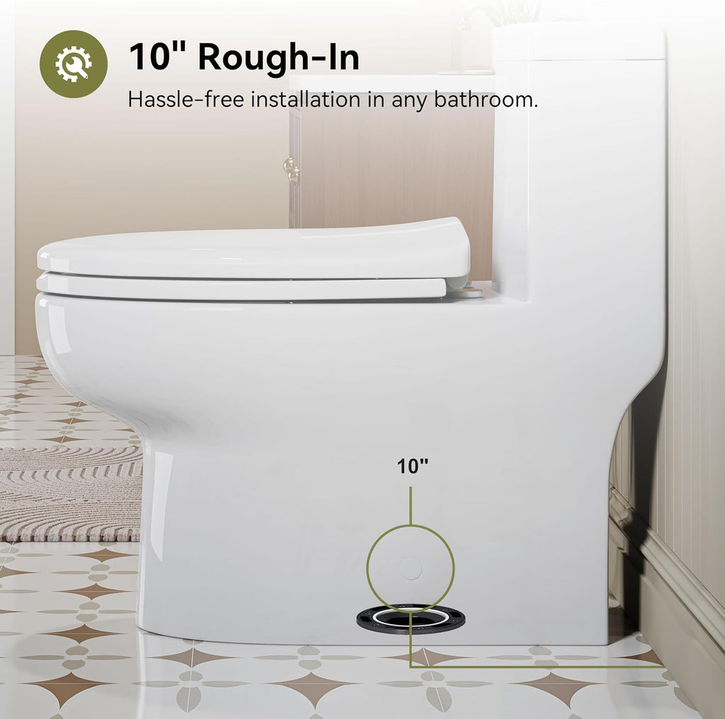 HOROW Compact One Piece Toilet, Dual Flush Elongated Toilet with Soft Close Seat, High-Efficiency Supply, Standard Bathroom Toilet 10' Rough-In, White Finish