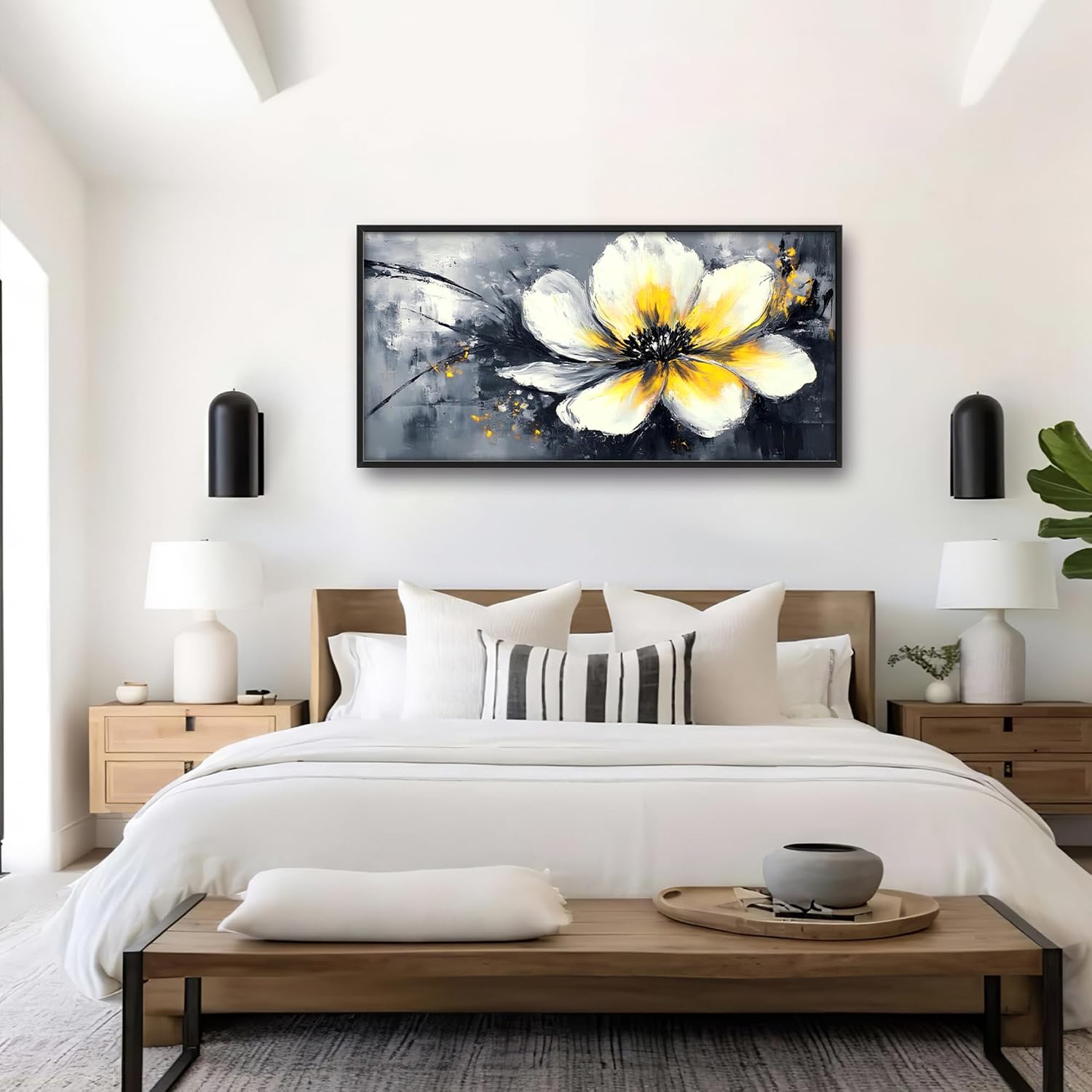 Abstract Flower Large Wall Art Framed Wall Decor for Living Room Black and White Floral Pictures Oversized Canvas Print Painting Modern Extra Large Artwork for Bedroom Office Home Decor 60'x30'