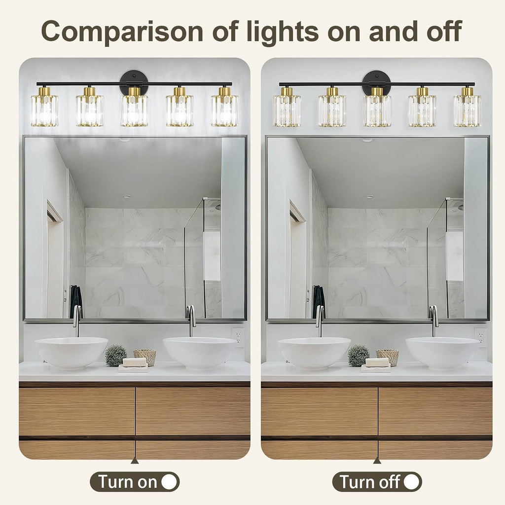 Crystal Bathroom Light Fixtures, Bathroom Lighting Fixtures Over Mirror, Modern Black Gold 5-Light Vanity Lights for Mirror,Restroom, Bedroom (Ceramic E26 Socket,Bulbs Not Include)