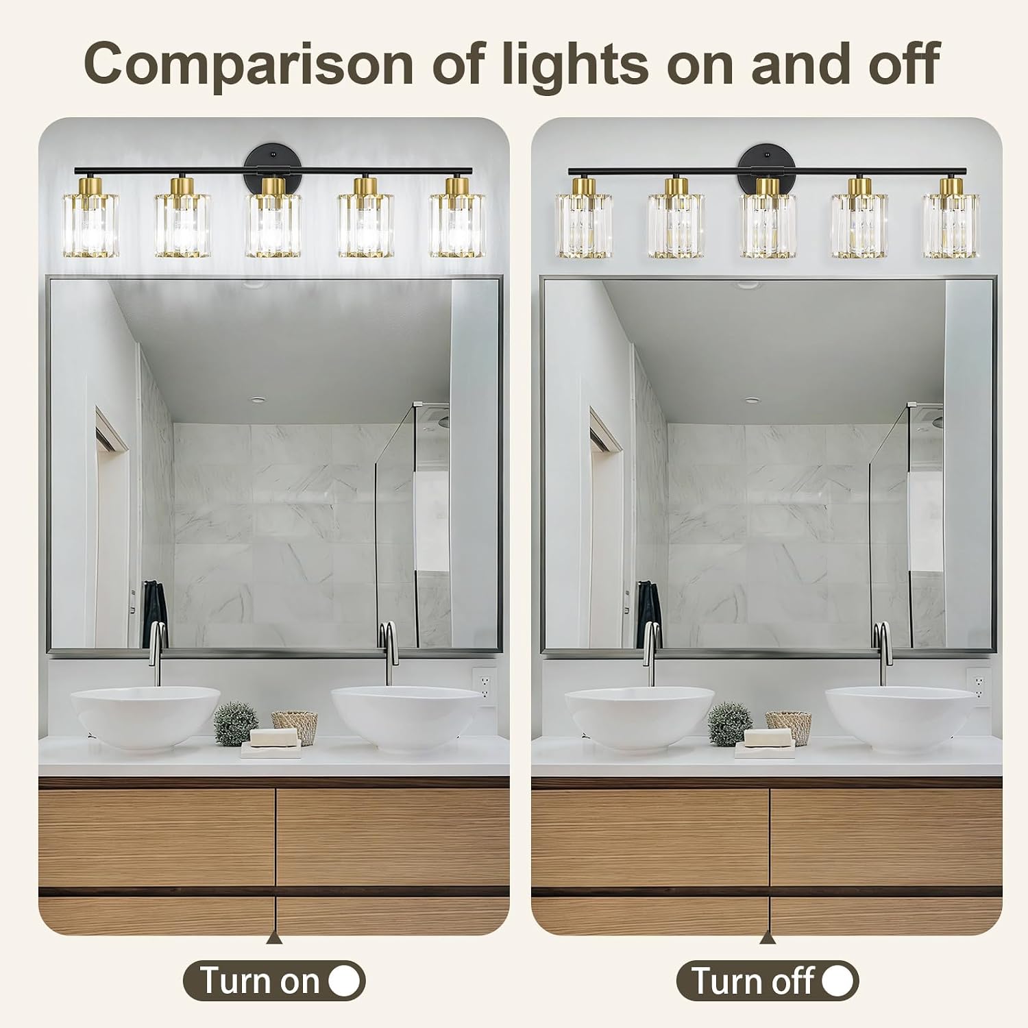 Crystal Bathroom Light Fixtures, Bathroom Lighting Fixtures Over Mirror, Modern Black Gold 5-Light Vanity Lights for Mirror,Restroom, Bedroom (Ceramic E26 Socket,Bulbs Not Include)