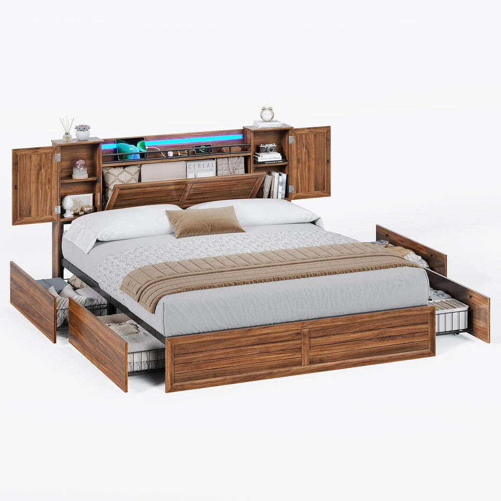 VIAGDO Farmhouse Queen Bed Frame with Headboard and Double Barn Door Storage Cabinets, Rustic Wooden Bed Frame Queen Size with Charging Station, 4 Drawers and LED Lights, No Box Spring Needed, Brown
