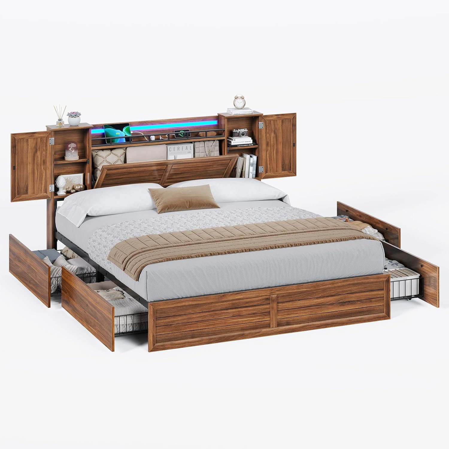 VIAGDO Farmhouse Queen Bed Frame with Headboard and Double Barn Door Storage Cabinets, Rustic Wooden Bed Frame Queen Size with Charging Station, 4 Drawers and LED Lights, No Box Spring Needed, Brown
