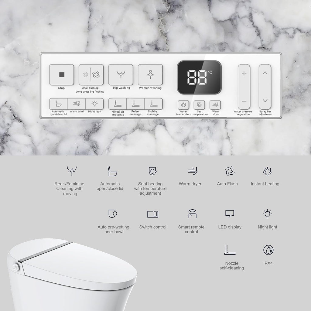 Smart Toilet,One Piece Toilet with Auto Open Close, Auto Flush, Foot Sensor Operation, Heated Seat，Warm Water & Dryer，Night Light，LED Display,White Remote Control