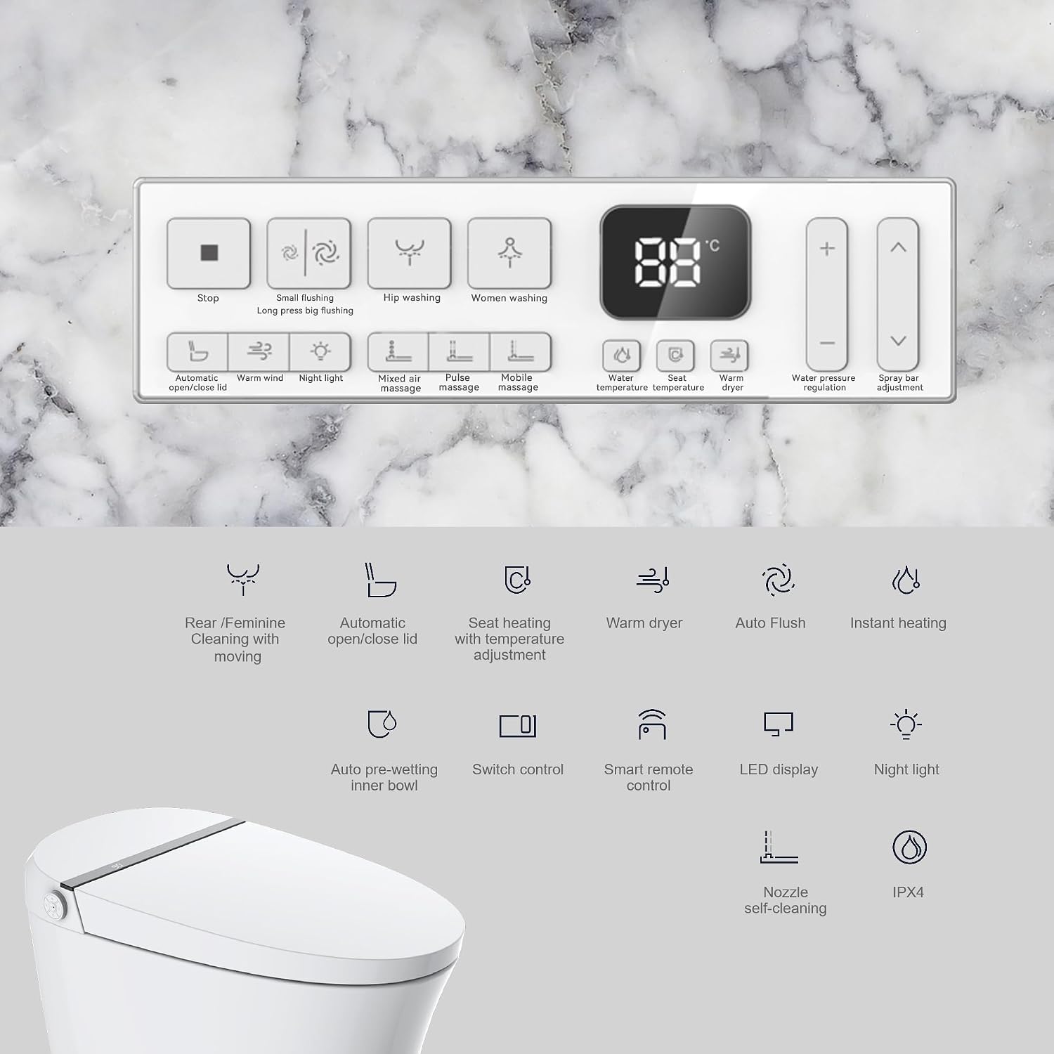 Smart Toilet,One Piece Toilet with Auto Open Close, Auto Flush, Foot Sensor Operation, Heated Seat，Warm Water & Dryer，Night Light，LED Display,White Remote Control