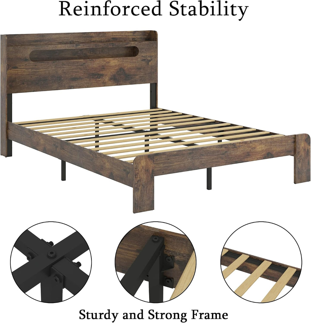 Bellemave Rustic Vintage Full Size Bed Frame with Storage Headboard and Charging Station,Wooden Platform Bed Frame Full Size with LED Lights and Wood Slats,Easy Assembly,Dark Brown