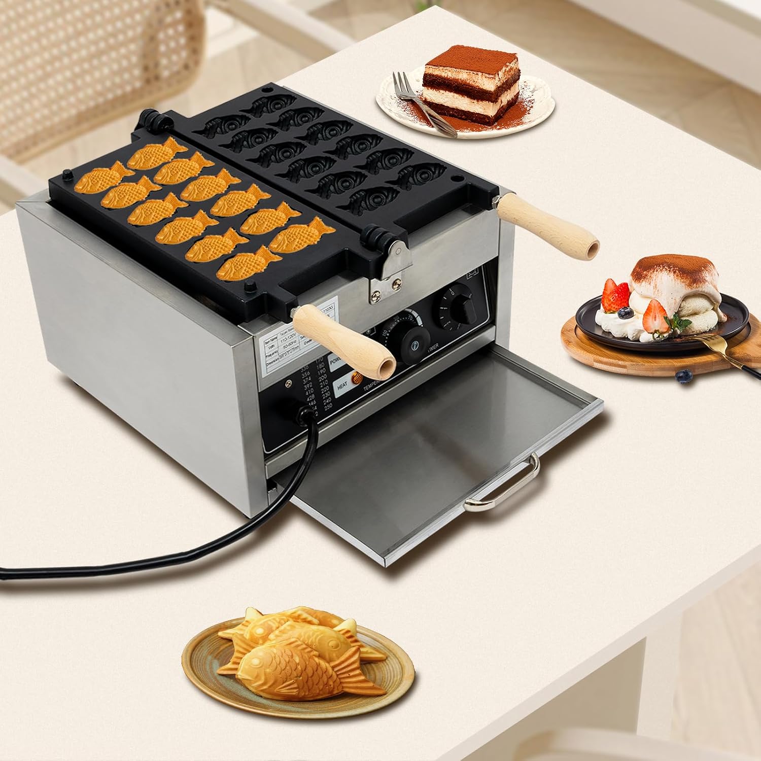 12PCS Fish Shaped Waffle Maker, Electric Commercial Stainless Steel Nonstick Waffle Baker Machine Popular Snack Equipment New Belgium Waffle Baker Maker (Fish Shaped)