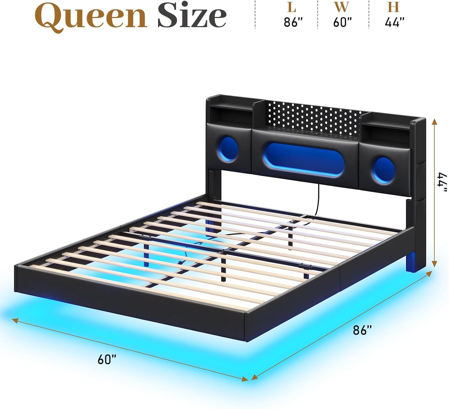 Floating Bed Frame Queen,Queen Bed Frame with Headboard & LED Light &Charging Station,Bed Frame Queen Size Leather Metal Platform Noise-Free,Floating Bed Frame No Box Spring Needed,Easy Assembly,Black