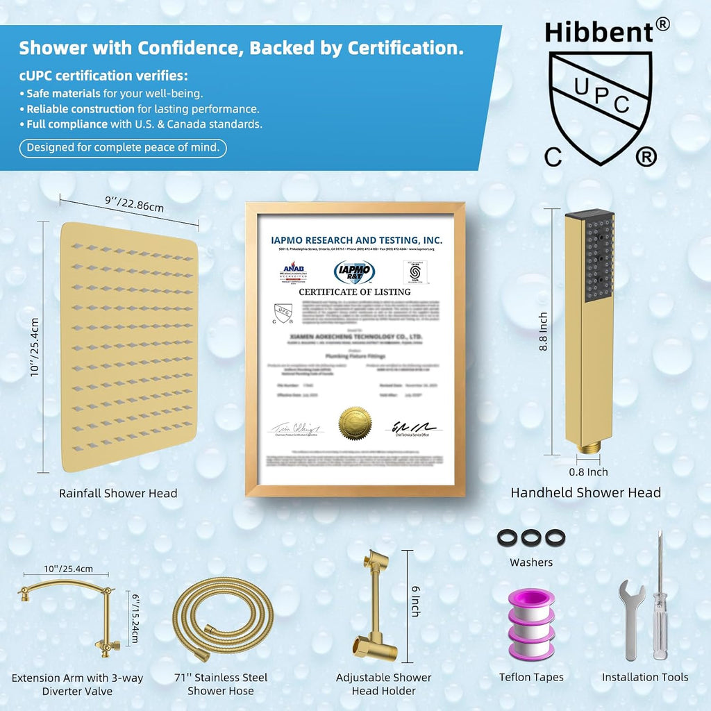 Hibbent All Metal CUPC Certified 10'' Rain Shower Head, Dual Shower Head Combo, High Pressure Handheld 4 Sprays Shower Wand, 16'' Adjustable Extension Arm, 71'' Hose, Shower Holder, Brushed Gold