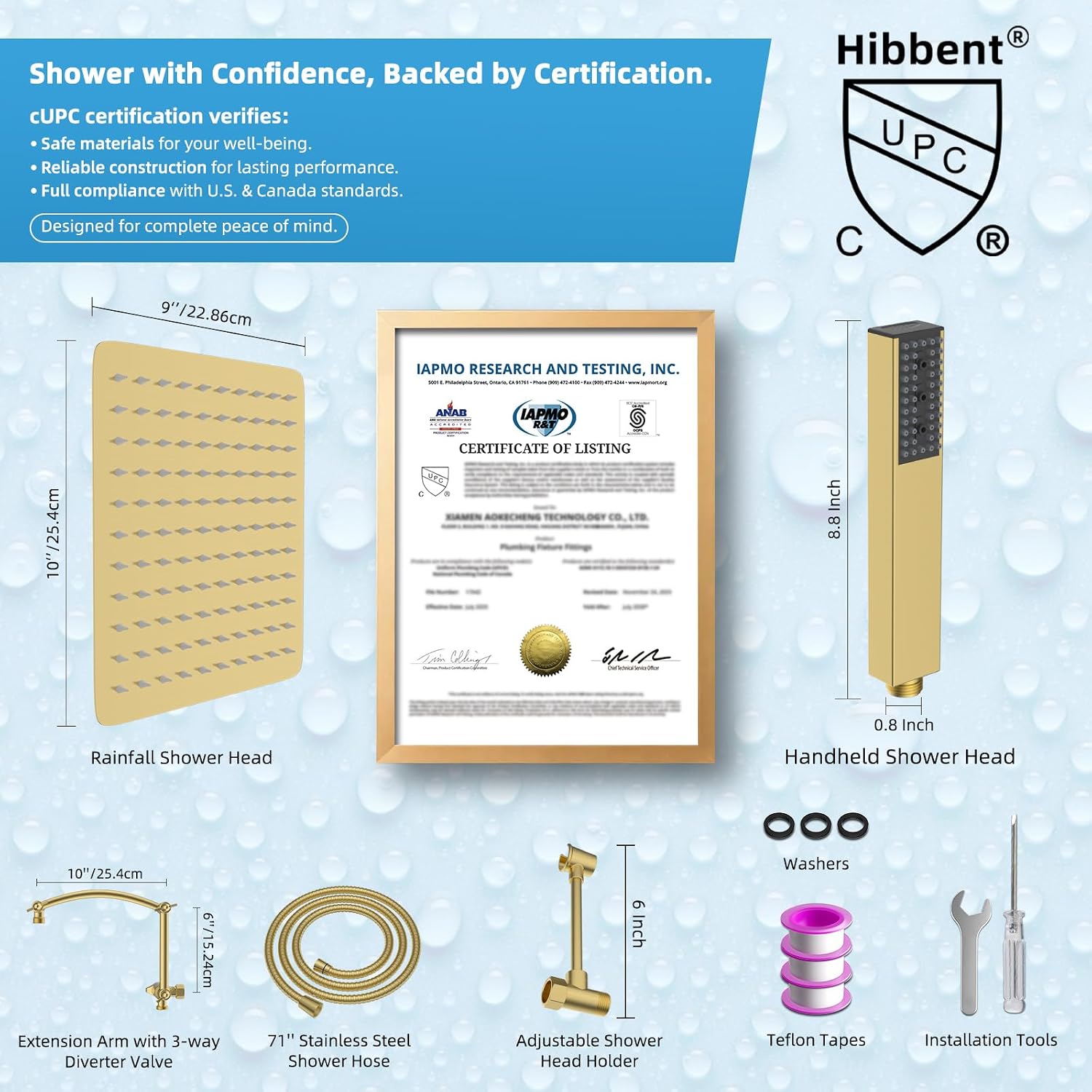 Hibbent All Metal CUPC Certified 10'' Rain Shower Head, Dual Shower Head Combo, High Pressure Handheld 4 Sprays Shower Wand, 16'' Adjustable Extension Arm, 71'' Hose, Shower Holder, Brushed Gold