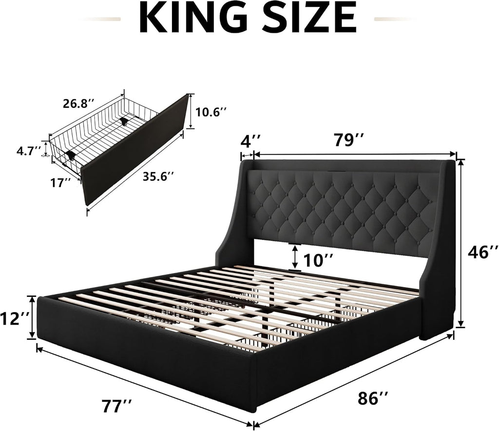 iPormis King Bed Frame with 4 Storage Drawers, Upholstered Platform Bed Frame with Type-C & USB Ports, Wingback Storage Headboard, Solid Wood Slats, No Box Spring Needed, Black