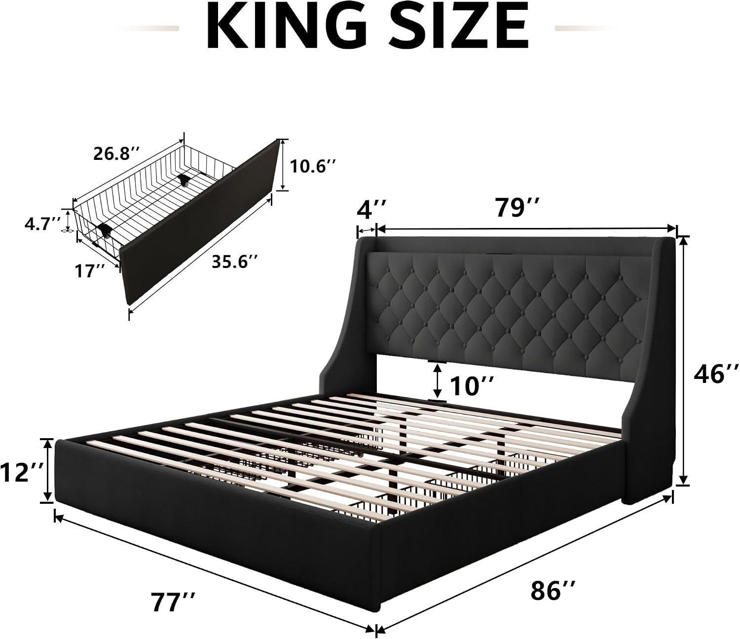 iPormis King Bed Frame with 4 Storage Drawers, Upholstered Platform Bed Frame with Type-C & USB Ports, Wingback Storage Headboard, Solid Wood Slats, No Box Spring Needed, Black