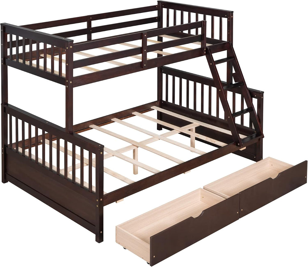 Harper & Bright Designs Twin Over Full Bunk Bed with Two Storage Drawers,Guardrails and Ladder,Solid Wood Bunk Bed Convertible to 2 Separated Platform Beds (Espresso)
