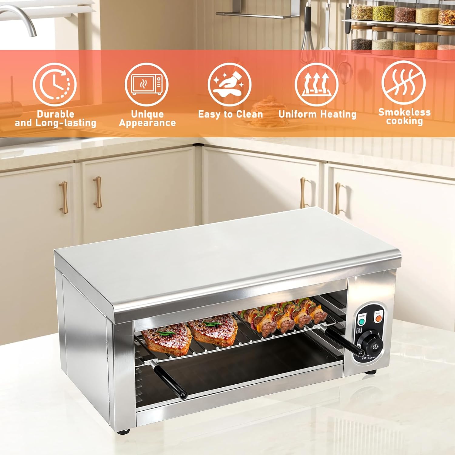 Commercial Electric Cheese Melter Salamander Broiler, 1600W Steak Broiler with Adjustable Temp Control (122°F-572°F), Wall Mount or Countertop, Stainless Steel Raclette Grill, for Cheese, Steaks