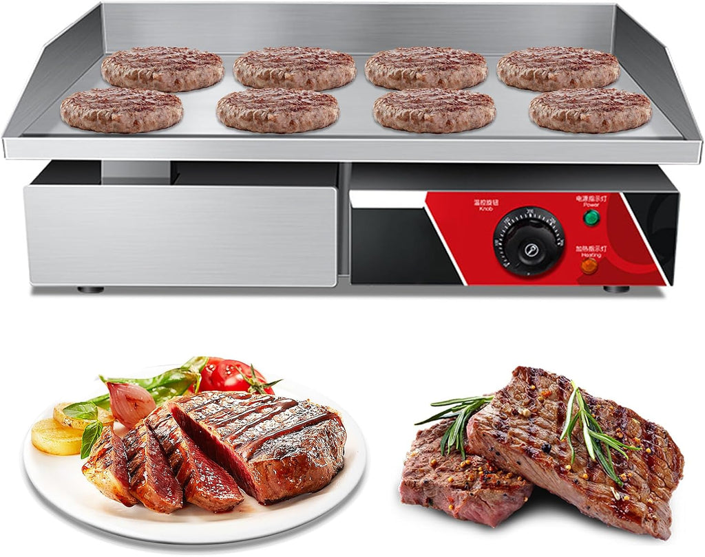 Commercial Griddle, Electric Griddle, Cast Iron Griddle, Stainless Steel Frame, 122℉-572℉ Adjustable Temperature Control, Removable Oil Storage Box, Restaurant Teppanyaki Grill,2900w