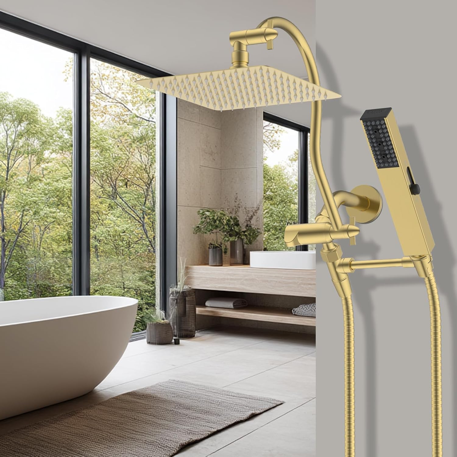 Hibbent All Metal cUPC Certified Shower Head, 10'' High Pressure Rainfall Shower Head Combo, Handheld Shower Wand, 12'' Adjustable Extension Arm, 4-Spray, 71'' Hose, Shower Holder, Brushed Gold