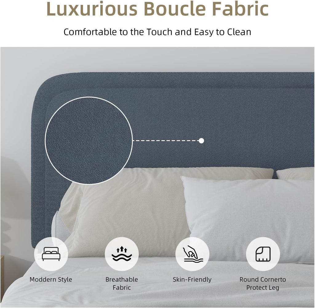 BarnFurin Boucle Upholstered Bed Frame King Size/Cloud Bed Frame/Soft Rounded Corners Headboard/Low Profile/No Box Spring Needed/Non-Slip and Noise-Free/Blue