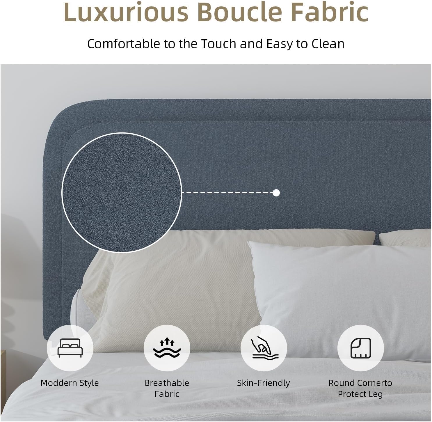BarnFurin Boucle Upholstered Bed Frame King Size/Cloud Bed Frame/Soft Rounded Corners Headboard/Low Profile/No Box Spring Needed/Non-Slip and Noise-Free/Blue