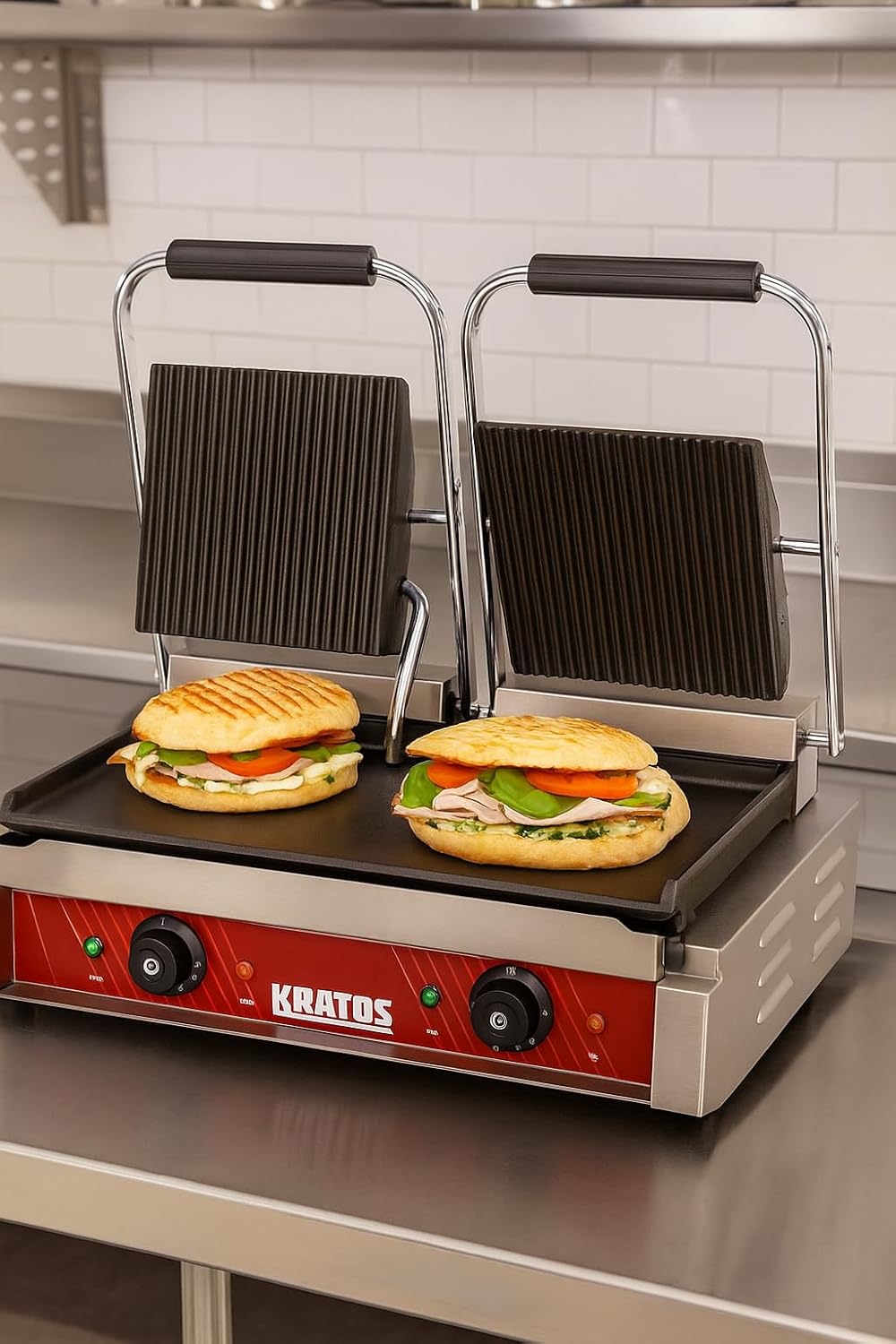 Kratos Commercial Electric Panini Sandwich Grill with Grooved Top and Smooth Bottom Plates, 18.7'x9' Cooking Surface, Commercial Countertop Panini Press, 120V, 3500W (29Y-025)