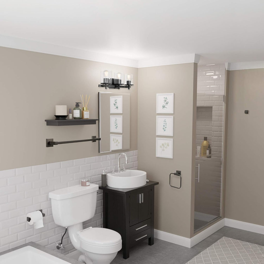 Globe Electric 51634 Dakota 5-Piece All-in-One Bathroom Set 3 Vanity Light with Seeded Glass Shades, Bar, Toilet Paper Holder, Towel Ring, Robe Hook, Matte Black