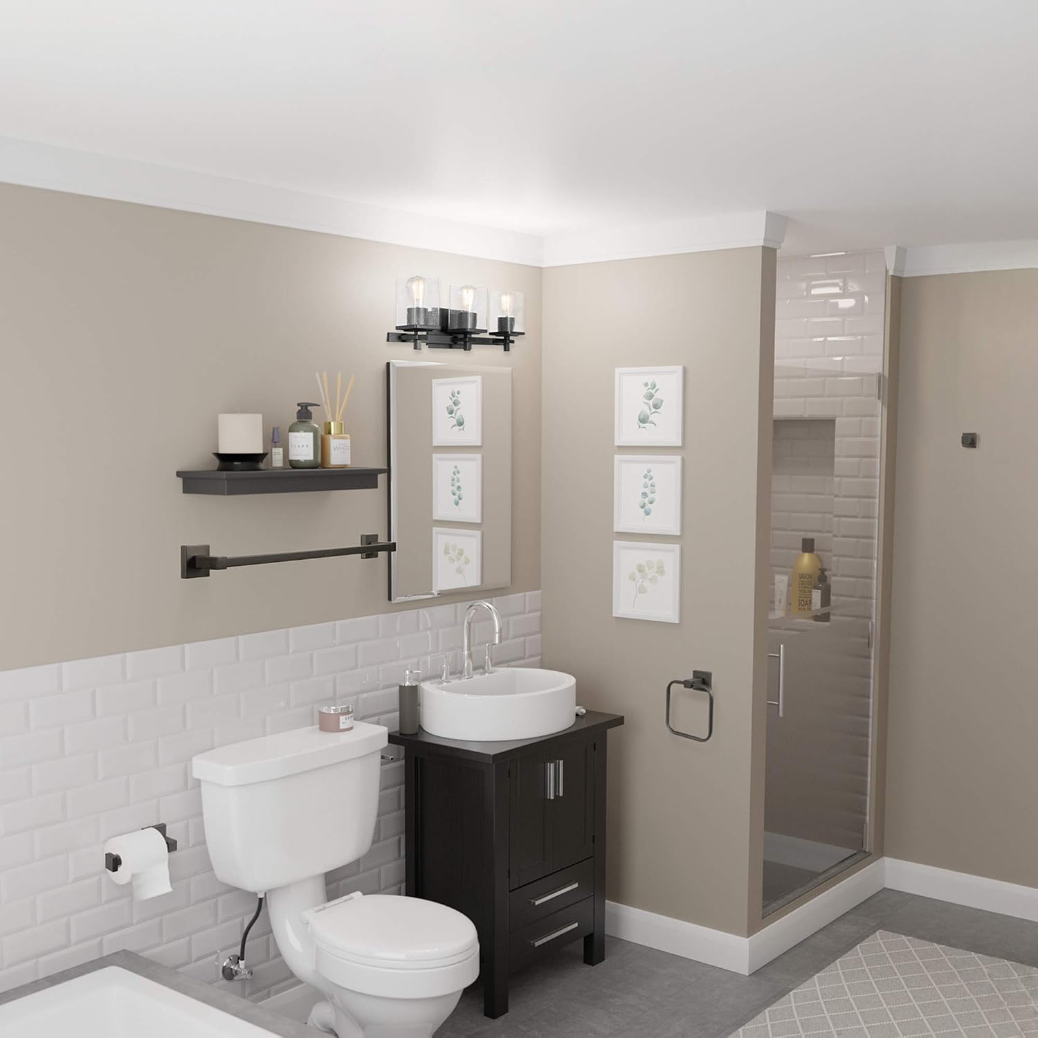 Globe Electric 51634 Dakota 5-Piece All-in-One Bathroom Set 3 Vanity Light with Seeded Glass Shades, Bar, Toilet Paper Holder, Towel Ring, Robe Hook, Matte Black