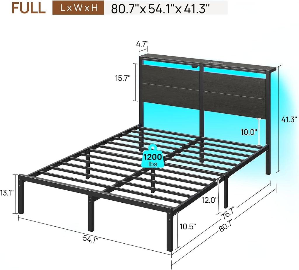 Rolanstar Full Bed Frame with Headboard, Bed Frame Full with LED Lights, Camas Full Size Bed with Charging Station, Solid Metal Slats, Noise Free, No Box Spring Needed, Black
