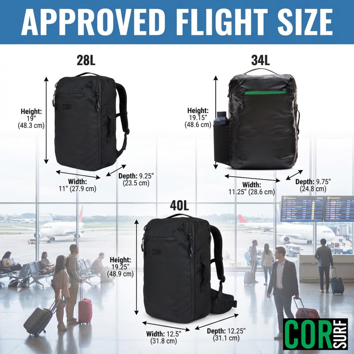 COR Surf Carry On Travel Backpack Bundle | Island Hopper Travel Backpack with Toiletry Bag and Compression Packing Cube Set