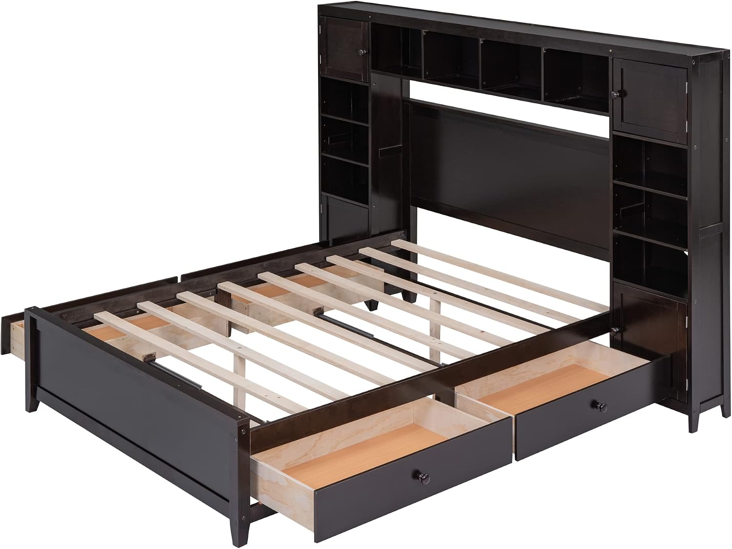 Harper & Bright Designs Full Size Platform Bed Frame with Bookcase Headboard and Drawers, Solid Wood Bed Frame with All-in-One Cabinet and Shelf for Saving Space, Espresso