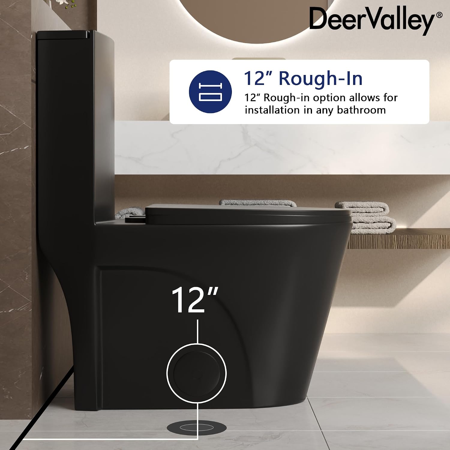 DeerValley Elongated One Piece Toilet with Comfort Height, Dual Flush Toilet with Soft Close Seat, High Efficiency 1.1/1.6 GPF 12'' Rough-In Matte Black Toilet