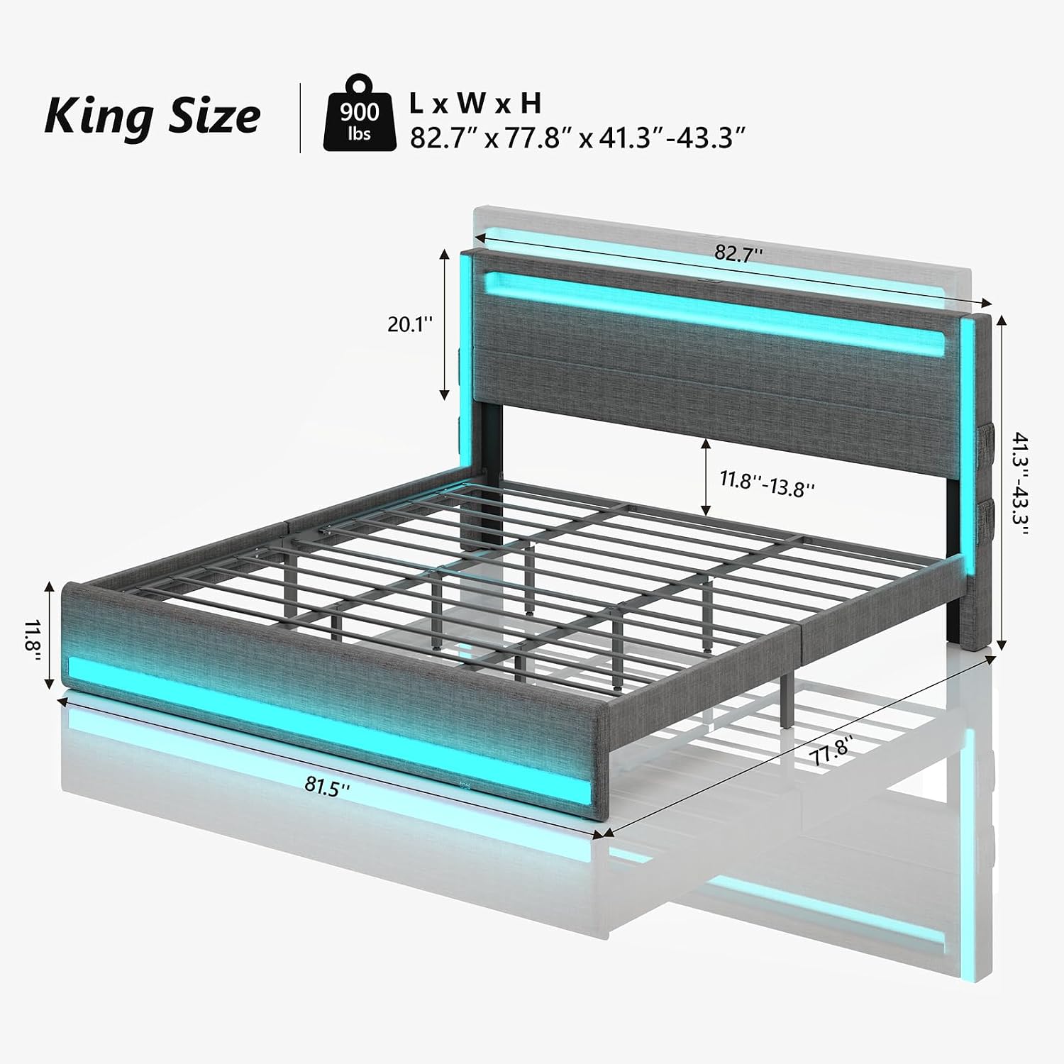 King Size Bed Frame and Adjustable Headboard, Light up King Size Platform Bed Frame with Type-C & USB Charging Station, LED Upholstered Metal Bed Frame King Size, No Box Spring Needed, Dark Grey