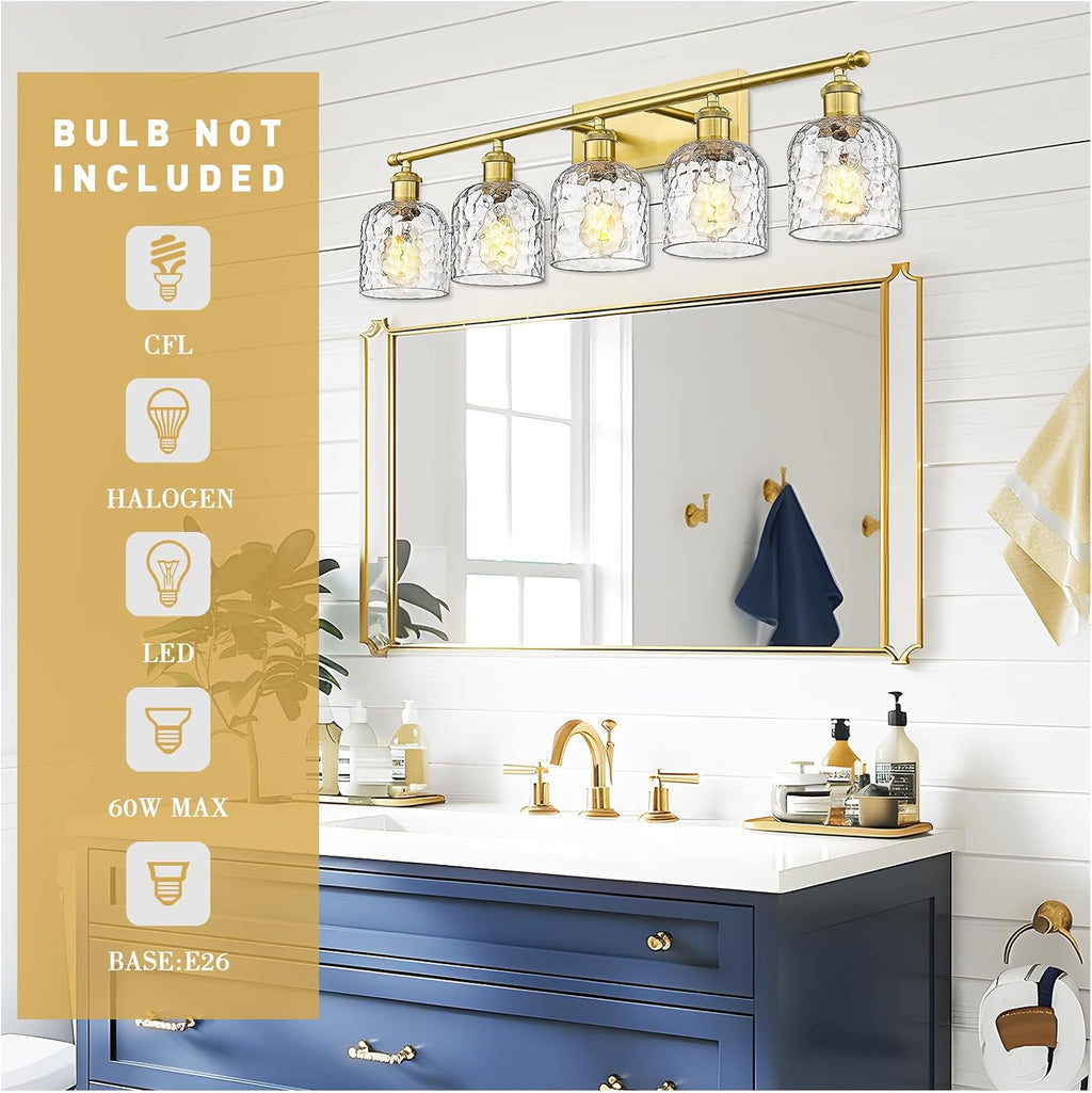 zeyu 34.8'' Gold Bathroom Wall Light, 5 Light Bathroom Vanity Light for Mirror Living Room, Brushed Gold Finish with Clear Hammered Glass, ZJF63B-5W BG